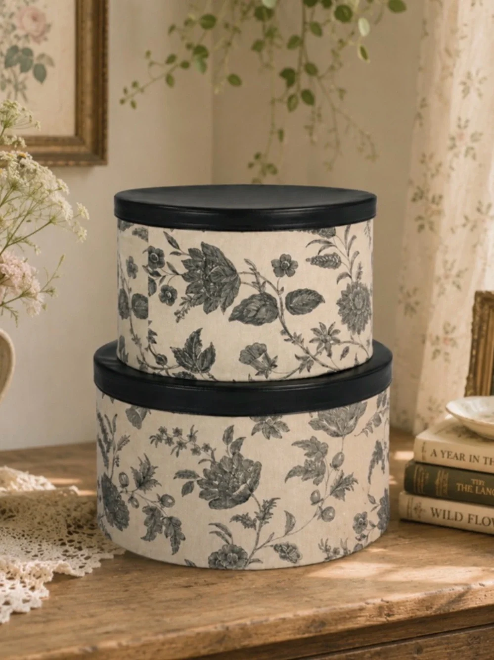 Classic Floral Storage Hat Boxes - Black & Cream Set of 2